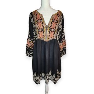 Johnny Was Chai Paris Dress Black Embroidered 3/4 Sleeves Size M